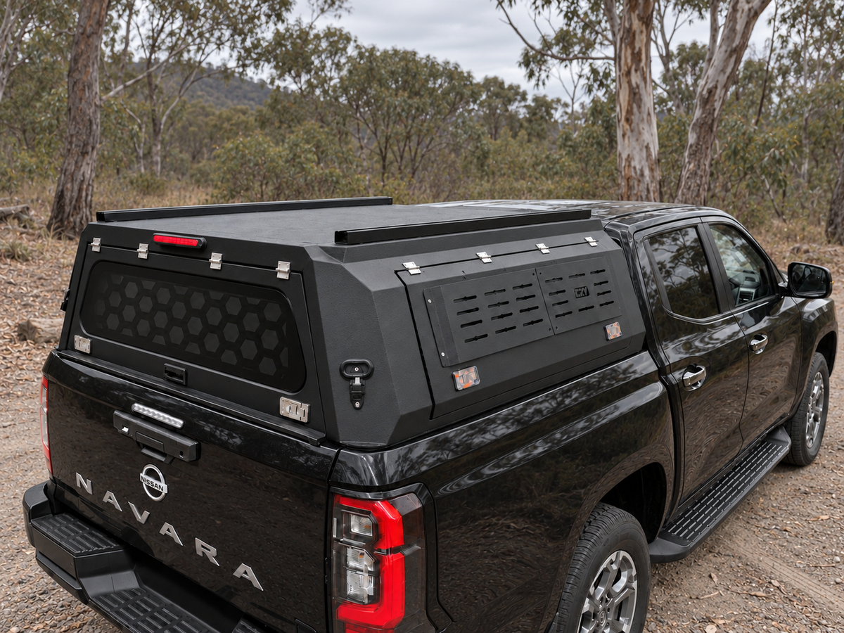 CZY Trade Canopy without the removable roof platform at a Victorian High Country campsite, rear-right view