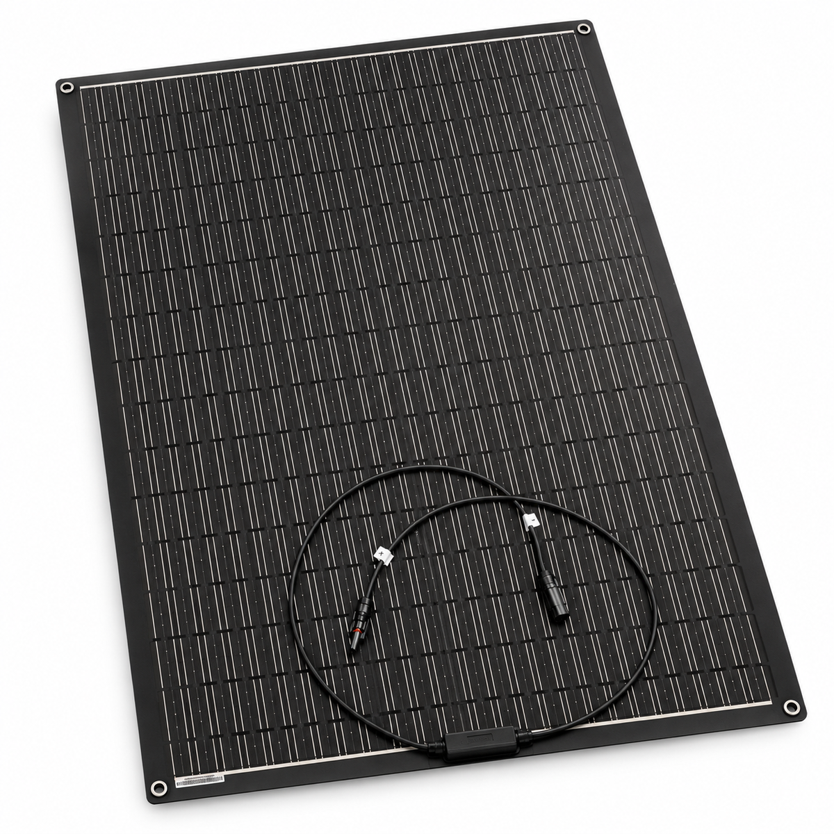 Angled view of the 200W flexible solar panel laid flat on a white background with its connection leads.