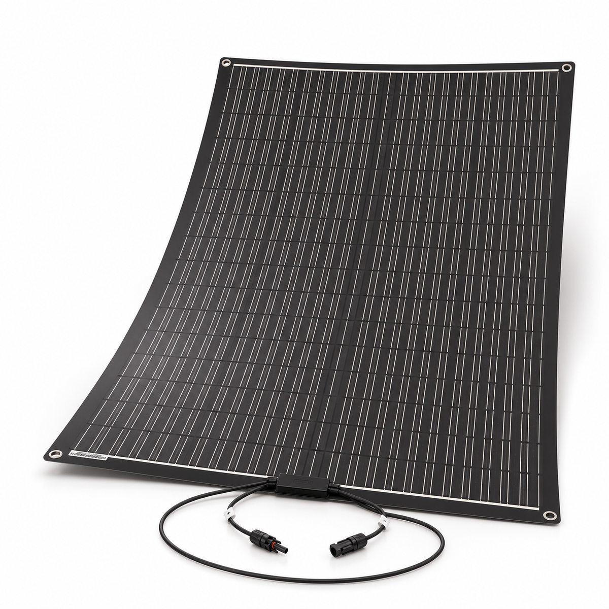 200W flexible solar panel shown with a gentle continuous curve and its two connection leads on a white background.