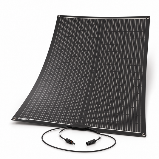 200W flexible solar panel shown with a gentle continuous curve and its two connection leads on a white background.