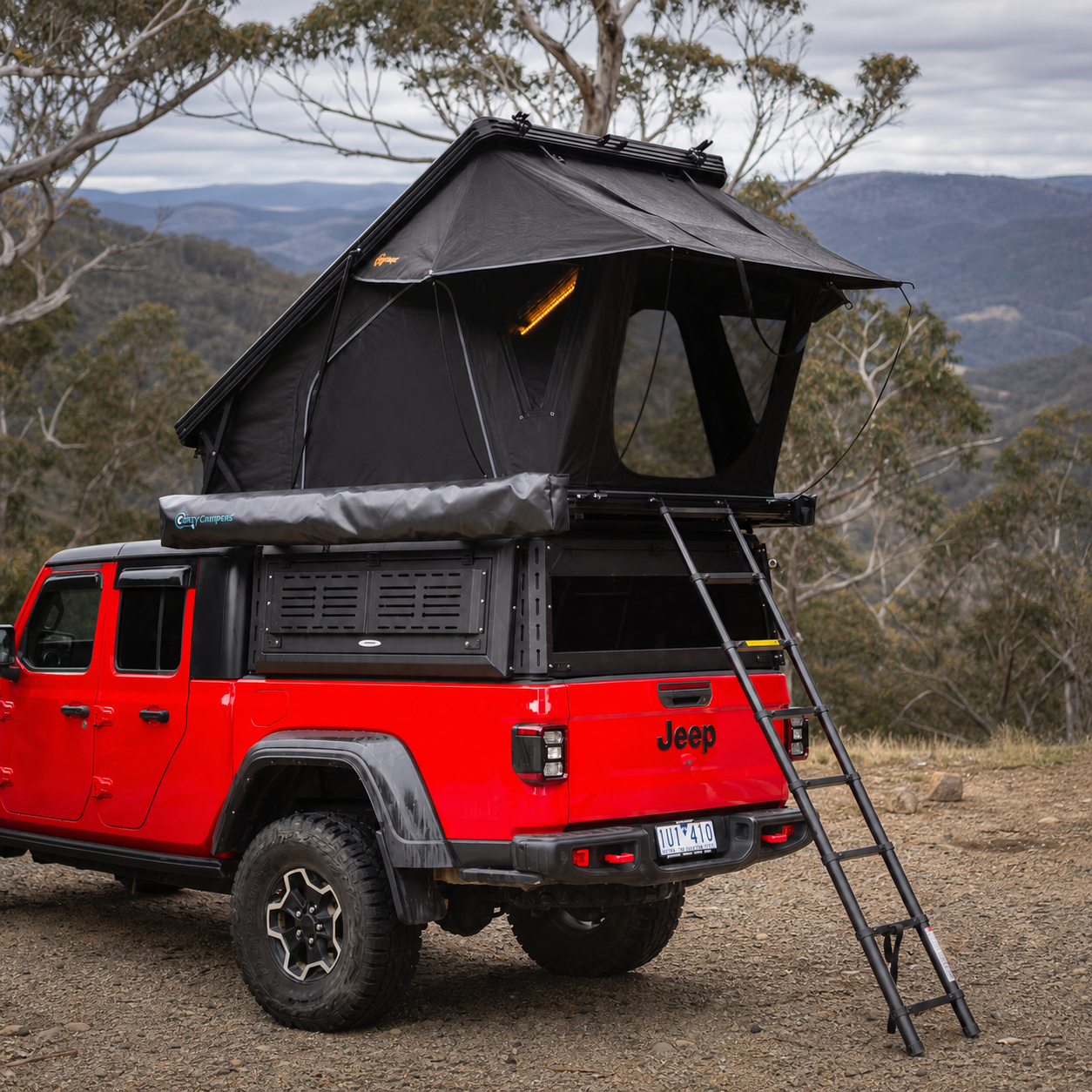 Older Version Overland X 1380 rooftop tent rear view in the Victorian High Country