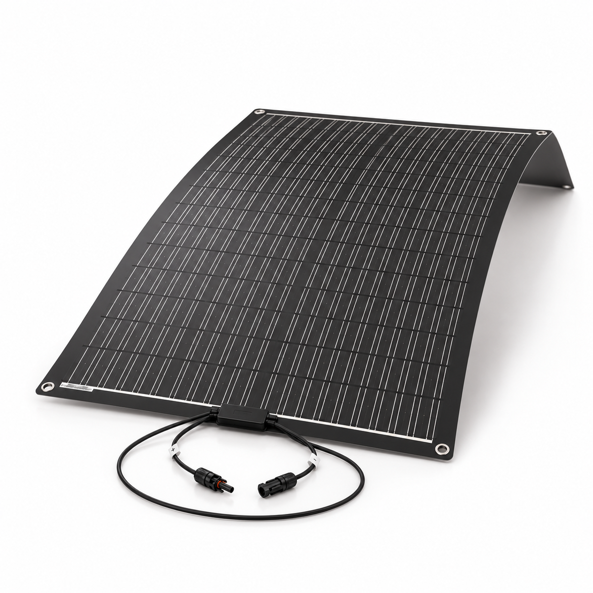 200W flexible solar panel shown in a smooth arch on a white background, with its junction box and two leads visible.