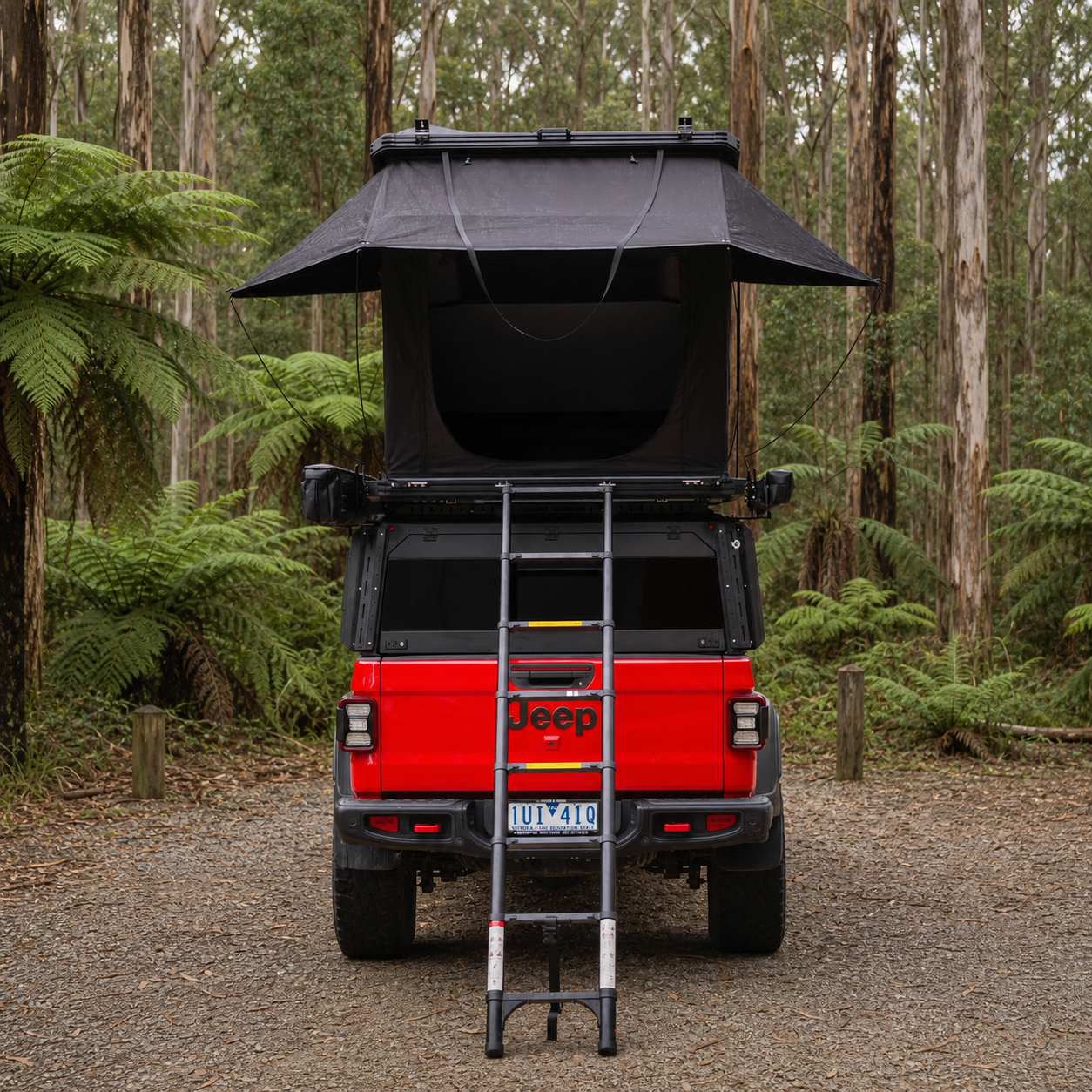 Older Version Overland X 1380 rooftop tent rear view at a Great Otway forest campsite