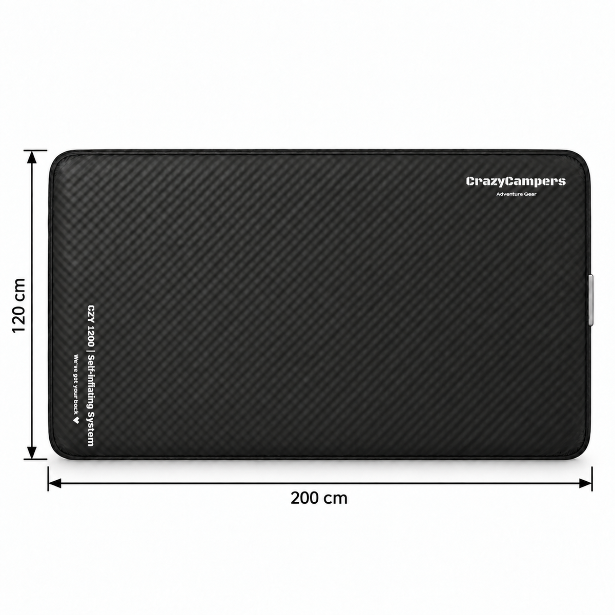 CZY 1200 self-inflating camping mattress dimensions 200 x 120 cm with thin black measurement labels