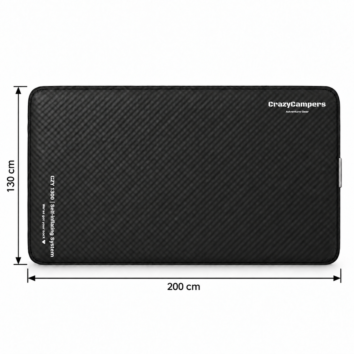 CZY 1300 self-inflating camping mattress dimensions 200 x 130 cm with thin black measurement labels