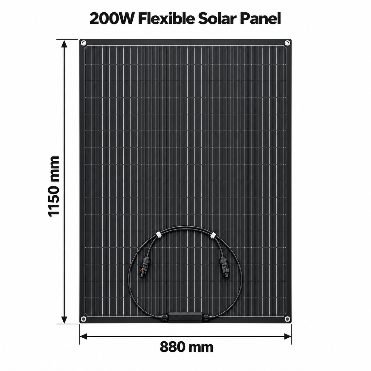 200W flexible solar panel dimensions: 1150 mm long by 880 mm wide.