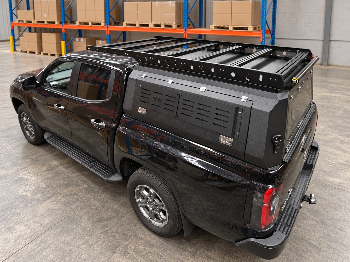 CZY Trade Canopy with empty removable roof platform fitted, complete vehicle view in a tidy warehouse