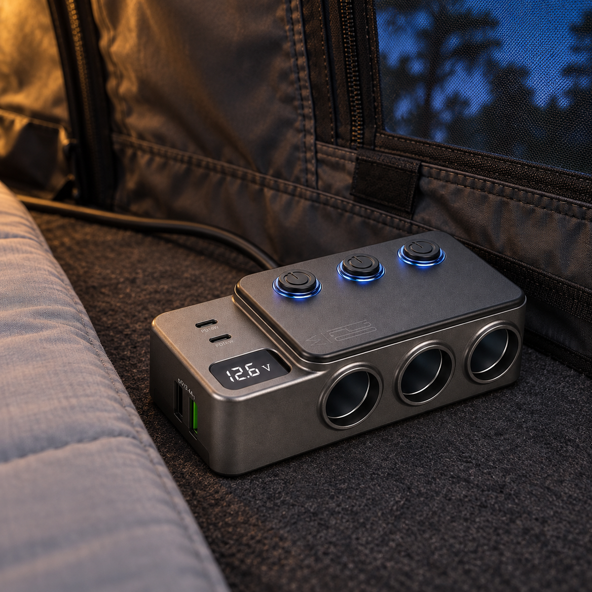 CZY triple socket power hub with illuminated switches and 12.6 volt display inside a rooftop tent