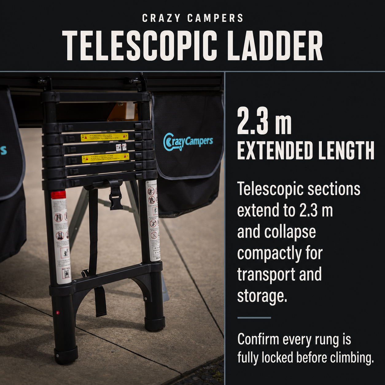 TrailReady telescopic ladder with canvas shoe bags featuring blue-teal CrazyCampers logos