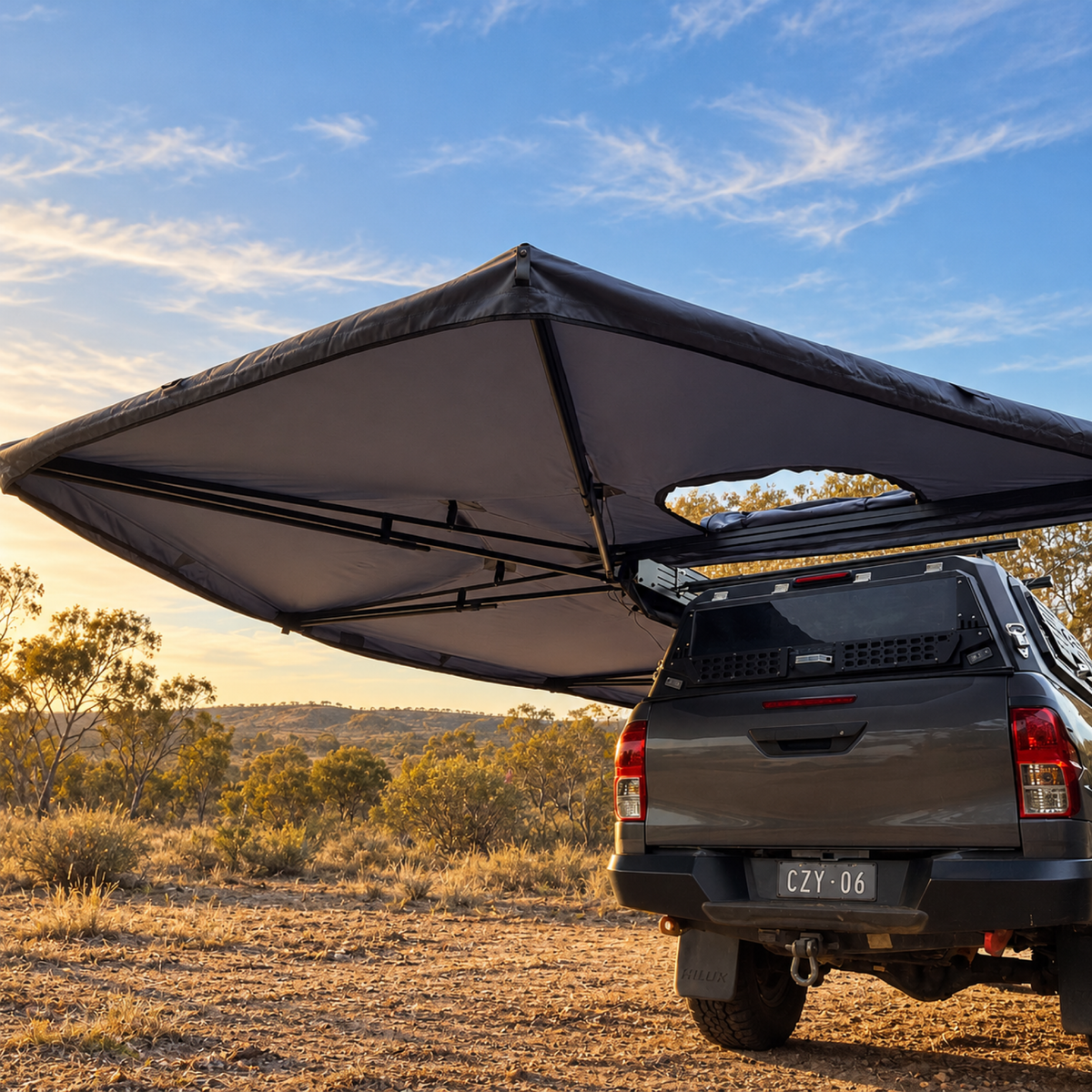 Rear view of the XL 270+ Awning opened over a ute at sunset