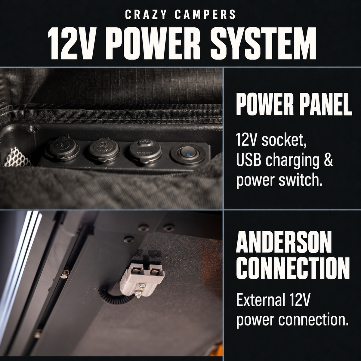 CrazyCampers rooftop tent 12V power panel with USB charging, power switch and external Anderson connection