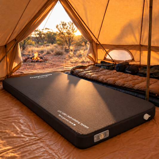 CZY 1300 self-inflating mattress in a ground tent, showing the detachable pump mounted in the short-end sidewall