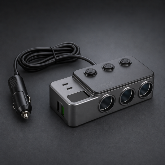 Dark grey CZY triple socket power hub with unpowered display and switches, USB charging ports and disconnected vehicle plug lead