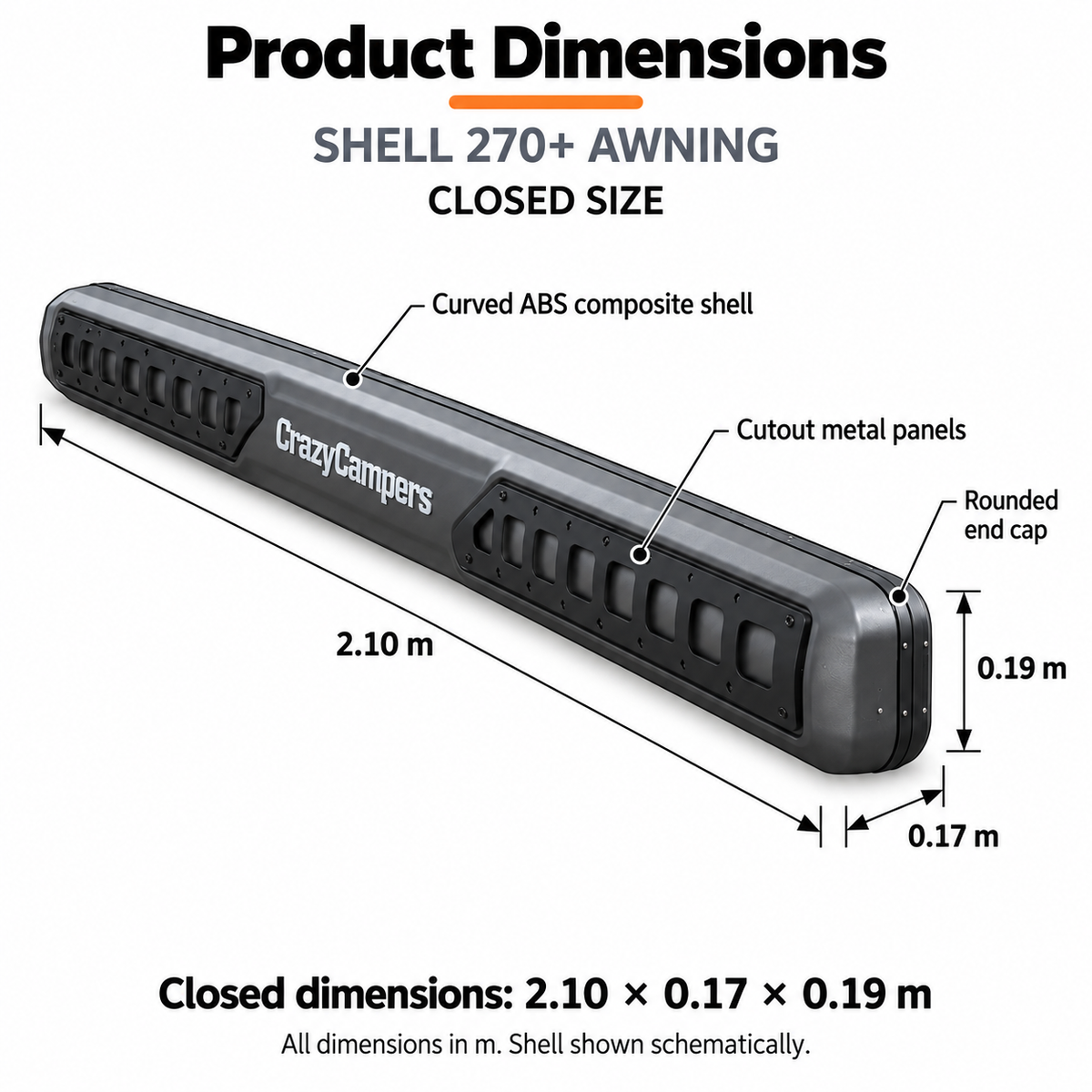 Shell 270 Plus hard-shell awning closed dimensions: 2100 mm long × 170 mm wide × 190 mm high