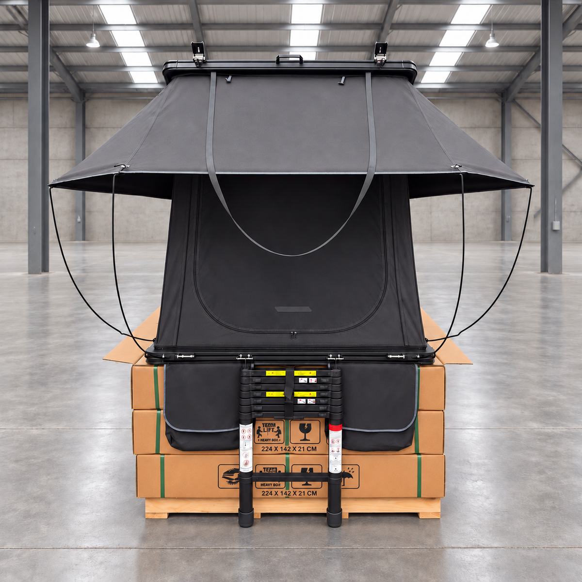CZY TrailReady 1310 rooftop tent front entrance with awning, folded ladder and shoe bags