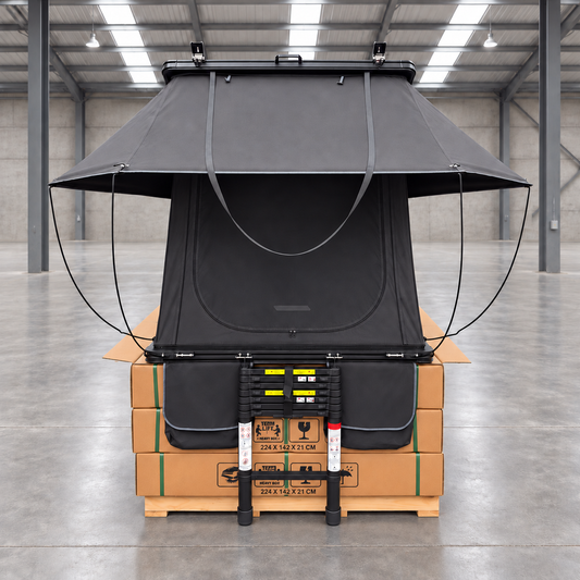 CZY TrailReady 1310 rooftop tent front entrance with awning, folded ladder and shoe bags