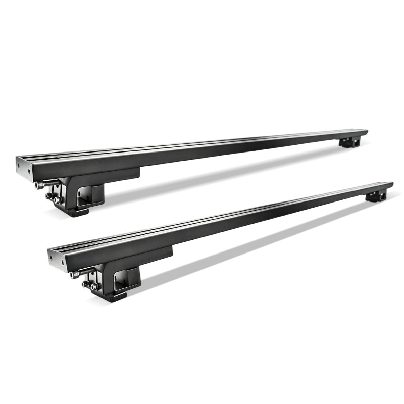 Pair of black 1450 raised roof rail cross bars on a white background