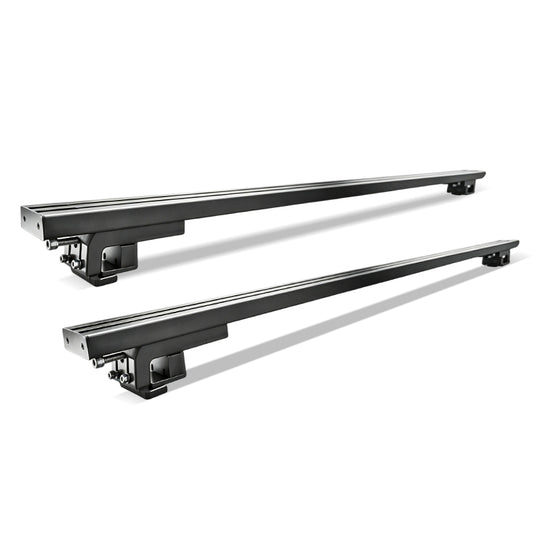 Pair of black 1450 raised roof rail cross bars on a white background
